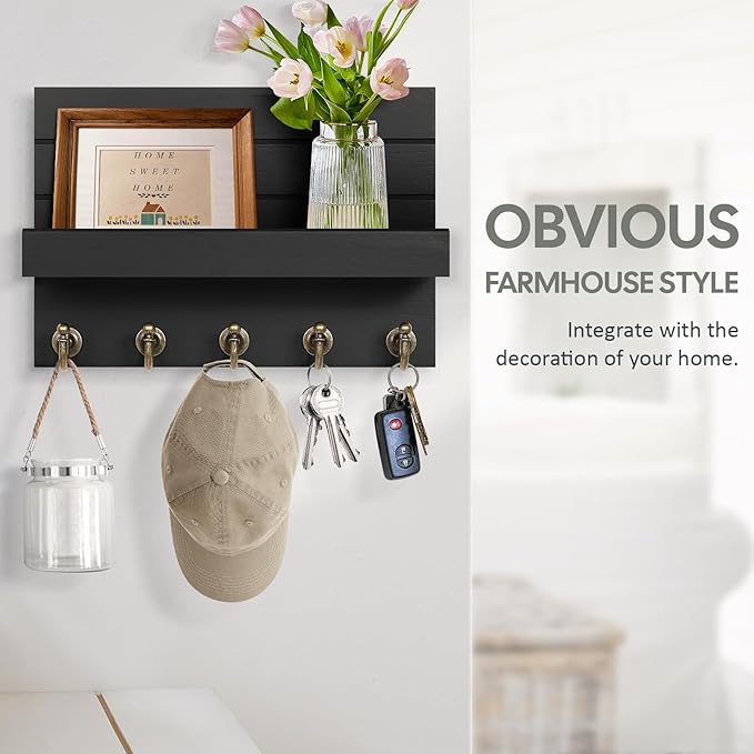 HONJIN Key Holder for Wall: Easy Installation Mail Organizer Wall Mount Hanging Key Rack for Kitchen and Entryway Decor with 5 Sturdy Key Hooks (Black)