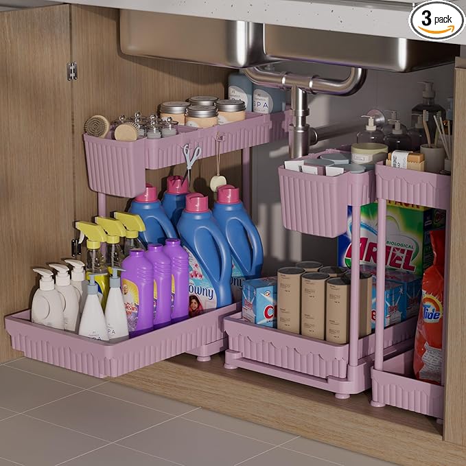 3 Pack Multi-Purpose Under Sink Organizers and Storage, 2026 L-Shaped Pull Out Cabinet Organizer for Bathroom & Kitchen, Under Cabinet Organizer with Hooks Hanging Cup, Pink, 14.85 inch