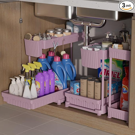 3 Pack Multi-Purpose Under Sink Organizers and Storage, 2026 L-Shaped Pull Out Cabinet Organizer for Bathroom & Kitchen, Under Cabinet Organizer with Hooks Hanging Cup, Pink, 14.85 inch