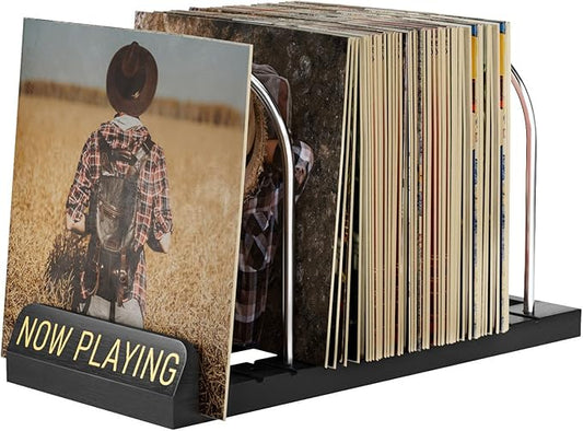 BS-VOG Now Playing Vinyl Record Stand, 50 LP Vinyl Record Storage with Non-slip Grooves, Wood Now Spinning Vinyl Record Holder for Albums Magazine Rack Magazine Organizer Record Display, Gift Package