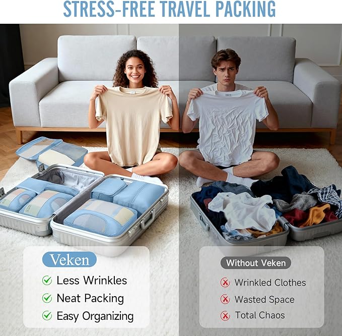 Veken 8 Set Packing Cubes for Travel Essentials, Suitcase Organizer Bags in 4 Sizes, Carry-On Luggage Accessories with Large Laundry & Shoes Bag, Must-Have for Airplane, Road Trip & Camping