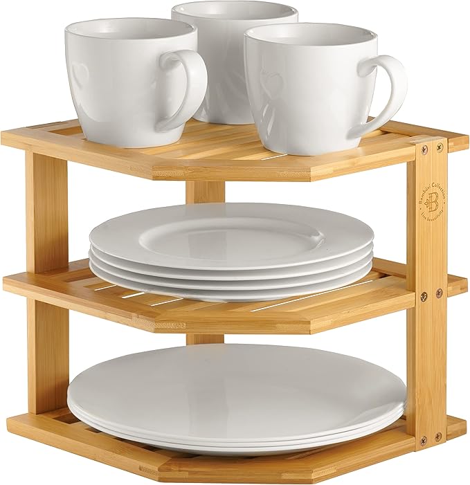 Bambüsi 3 Tier Bamboo Corner Shelf Cabinet Organizer - Kitchen Cabinet Space Saver for Plates, Dishes, Bowls, Pantry Storage - 9.5 in Tall x 10 in Deep Countertop Corner Rack | Kitchen Counter, Cabinet Space Saver, Plates, Dishes, Bowls, Bread Pantry