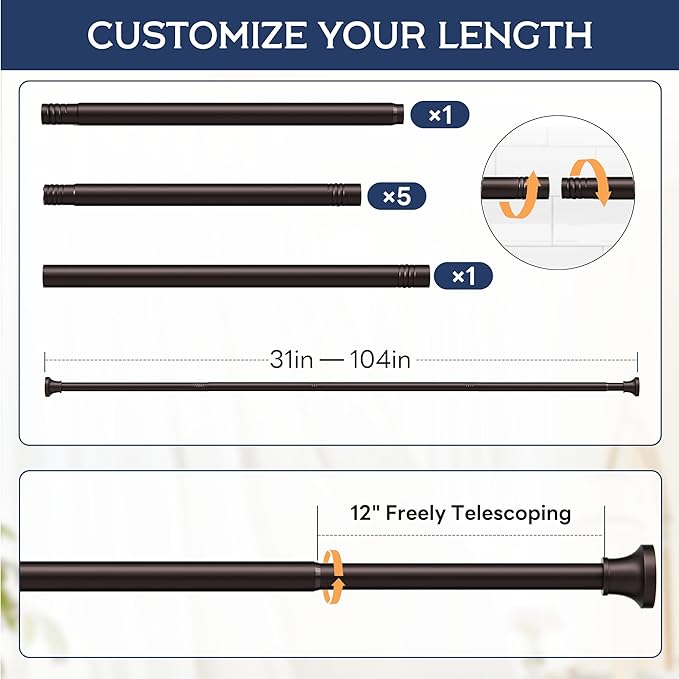 Adjustable Shower Curtain Rod 31-104 Inch, Never Rust Stainless Steel Brown Tension Rod, 1" Heavy Duty No-Drill for Bathroom, Kitchen & Closet