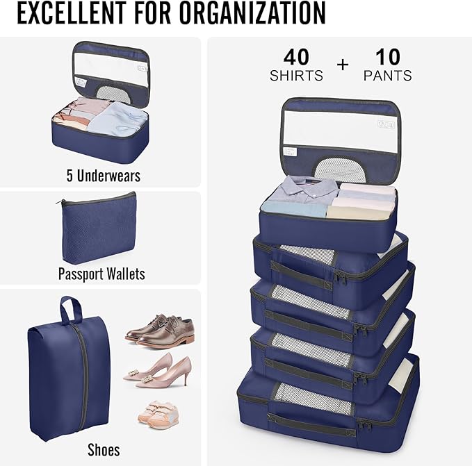 Veken 10 Set Packing Cubes for Travel Essential, Suitcase Organizer Bags in 4 Sizes, Carry-On Luggage Accessories with Large Laundry & Shoes Bag, Must-Have for Airplane, Road Trip & Camping