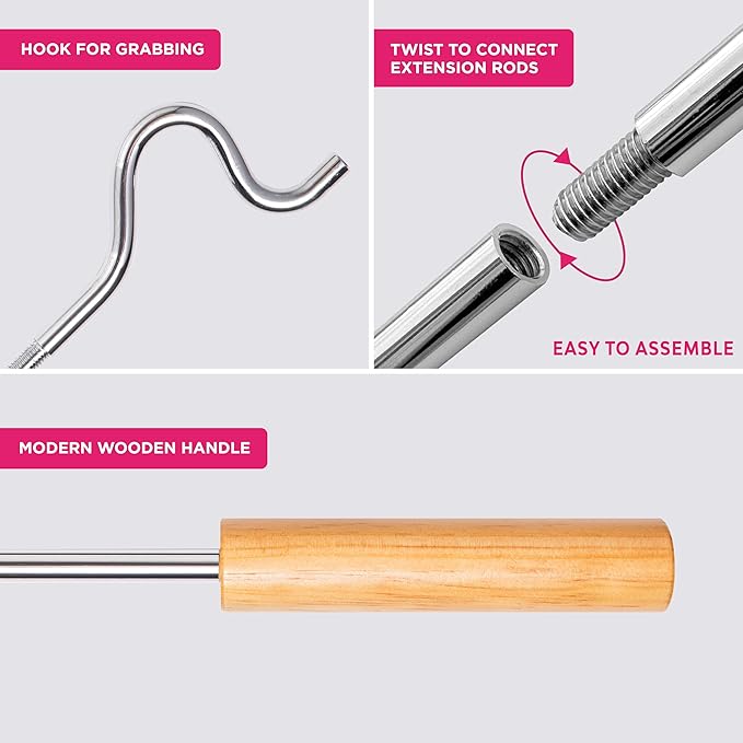 Closet Reacher Pole with Hook and Wooden Handle, Heavy Duty - Adjustable 2.75-5 Feet, Chrome Plated Steel Clothing Hanger Shepherds Hook to Easily Reach Clothes etc - Perfect for College Dorm