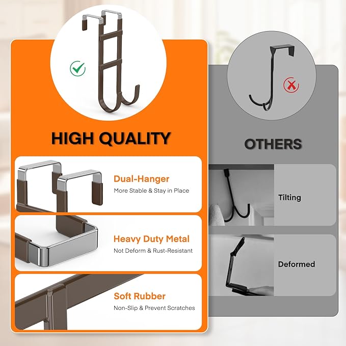 FYY Over The Door Hooks - 2 Pack Heavy Duty Double-Hanger Organizer for Bathroom Bedroom Dorm, Hanging Clothes Towels Hats Bags Ironing Board Wreath Robe - Fits Interior Doors Up to 1.6” Brown