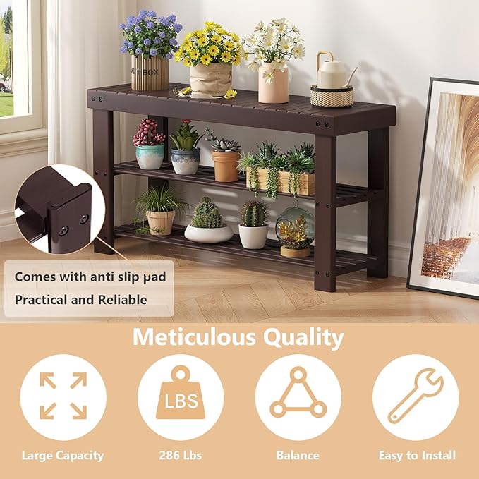 Sweetcrispy Shoe Rack Bench, 3-Tier Bamboo Entryway Storage Organizer, 286lb Capacity, Shoes Stand for FrontDoor Entrance, Bedroom, Living Room, Bathroom, Balcony, 35 Inches Length, Brown