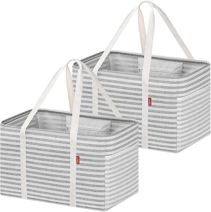 LHZK 2 Pack Utility Tote Bag with Metal Wire Frame and the Sides Rinforced, Large Tote Bag with Handle, Reusable Grocery Bags Foldable, Beach Bag, Car Tote (Gray, 18.5''x11.8''x11.5'')