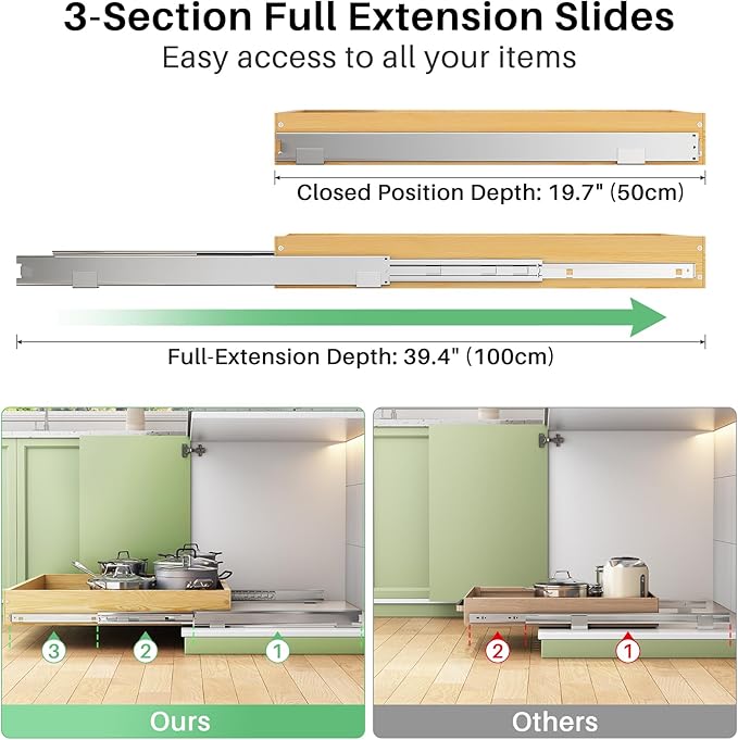 Pull Out Cabinet Organizer, Soft Close Wooden Slide Out Drawers for Pots and Pans, Full-extension Roll Out Shelves for Kitchen Cabinets, Pantry Organization, Bottom & Side Mount( 21"W X 21"D x 3.4''H)