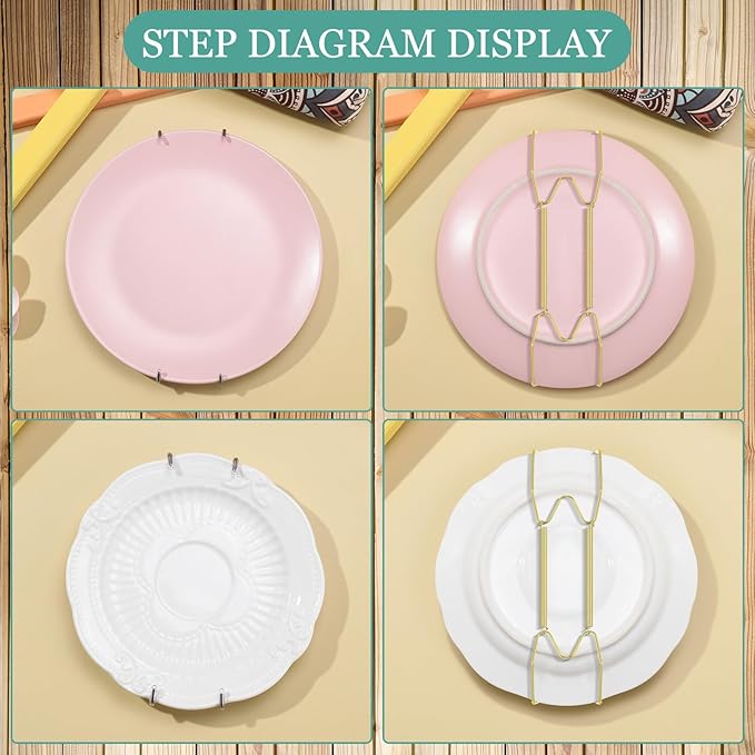 Hotop 12 Pieces Plate Hangers for Wall Stainless Steel Wire Invisible Plate Hangers Heavy Duty Display Holders with 12 Pieces Hooks for Wall Decoration(4-5 Inch,Gold)