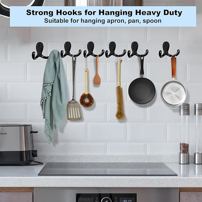 Kruodop 4 Pack Wall Hooks Wall Mounted Coat Hooks for Hanging Heavy Duty, Black Towel Hooks, Metal Double Coat Hanger with Screws Cup Retro for Coats, Handbags, Towels, Hat