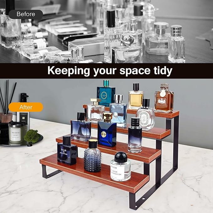 Wood Cologne Organizer for Men (Walnut Color),4 Tier Perfume Stand for Dresser Waterproof Cologne Stand with Anti-Slip pads for Party,Makeup,Figures,Cupcake,Perfume,Display Risers Stand Organizer