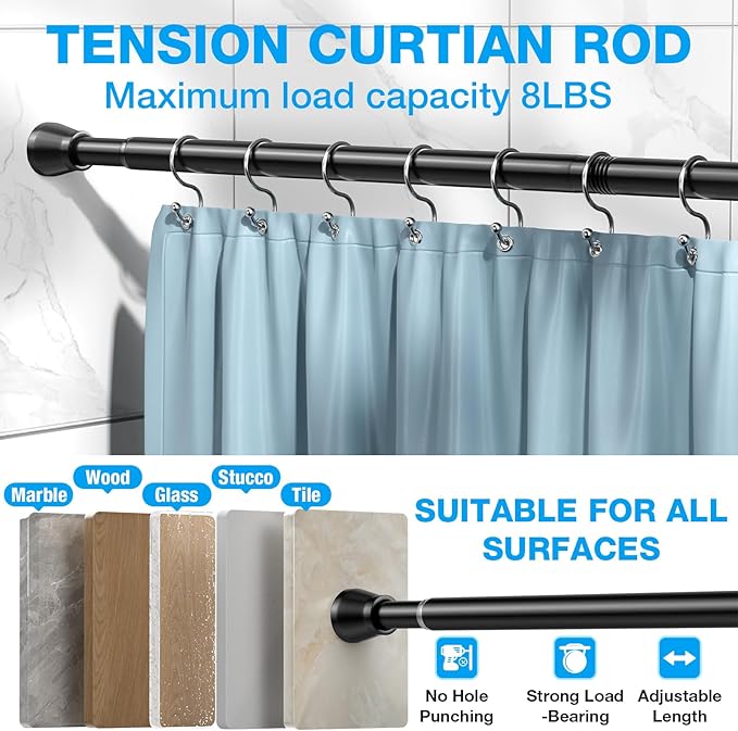 Shower Curtain Rod 44-77 inch Black Tension Rod Shower rod Non Slip Tension Curtain Rod Adjustable Curtain Rods No Drilling Shower Rods for Bathroom Windows Closet