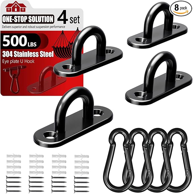 sprookber 304 Stainless Steel Pad Eye Snap Hooks, M5 Heavy Duty Ceiling Hooks, 500 lb Capacity Hammock Swing Hanging kit, Plant Hangers, Marine Hardware Staple Hook Loop with Screws, Set of 8(Black)