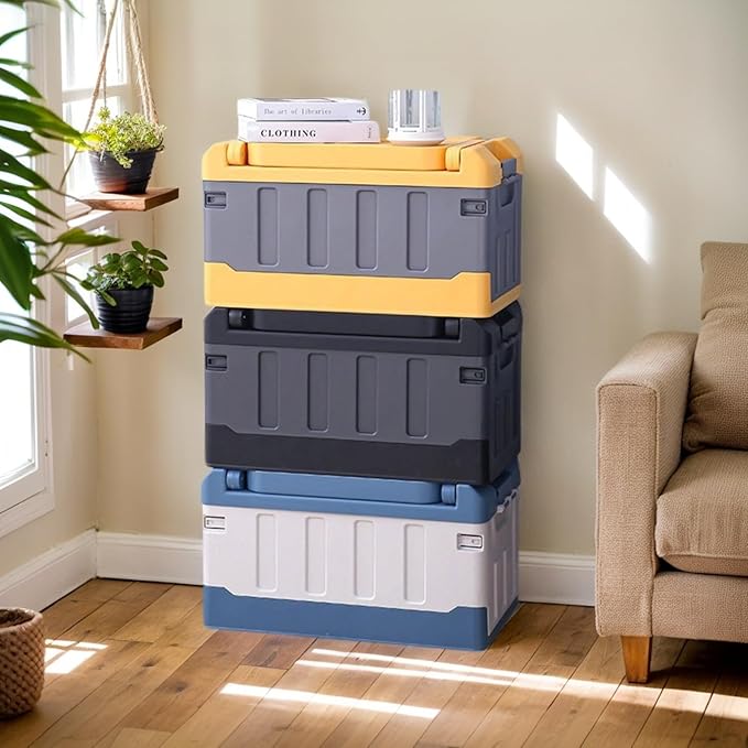 Versatile Foldable Seatable Car Organizer Box 60L Heavy Duty Storage Bins With Lids Trunk,Durable Plastic, Folding Camping Chairs (blue)