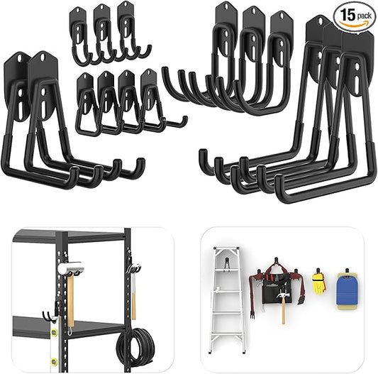 TORACK 15 PCS Garage Storage System Hooks, Shelving Hooks for Keyhole Shelving Units Wall Mount Utility Hooks for Tools, Ladders, Cords, Folding Chairs, Shovels and Rakes(Black)