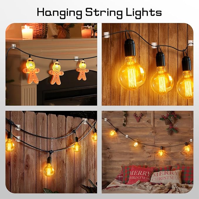 60Pcs Christmas Light Clips, Hooks for Outdoor String Lights Clips, Adhesive Cord Organizer Hooks, Sticky Wire Holder for Hanging Christmas Lights, Wall Cable, Fairy Lights (Clear, Medium)