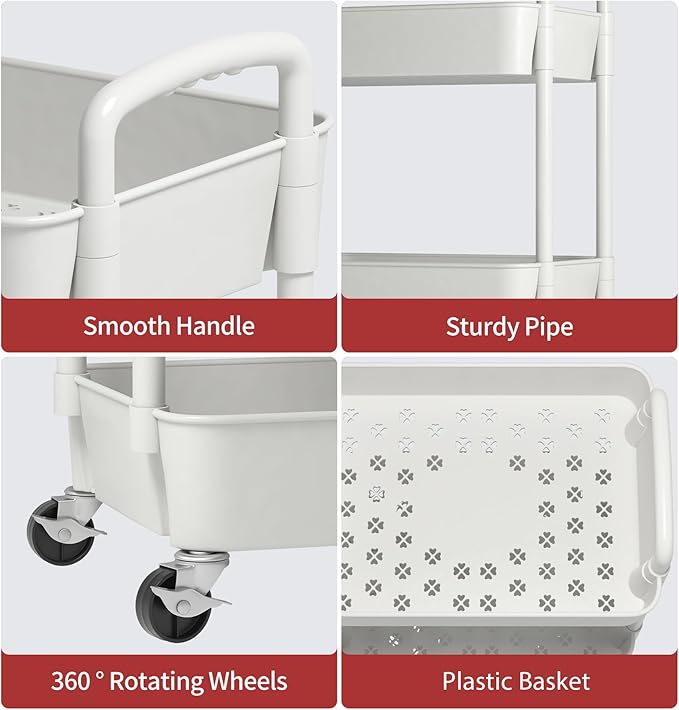 Sywhitta 3-Tier Plastic Rolling Utility Cart with Handle, Multi-Functional Storage Trolley for Office, Living Room, Kitchen, Movable Storage Organizer with Wheels, White
