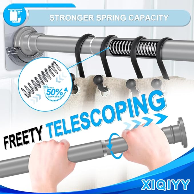 XQIYY Adjustable Shower Curtain Rod 28–48 Inches – Rustproof Spring Tension Rod for Windows & Bathrooms, No Drilling, Heavy Duty with Dual Brackets, Fits Smooth & Rough Surfaces, Grey