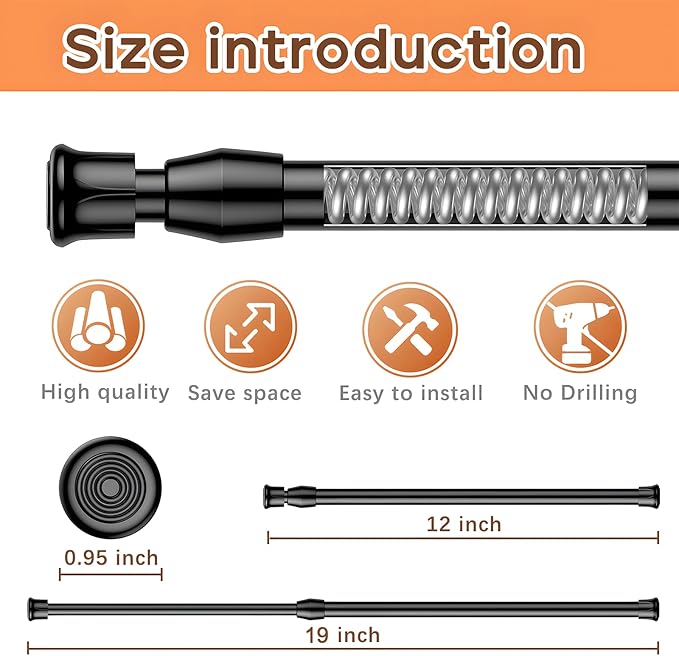 AIZESI 2PCS Black Tension Rod 12 to 19 Inch Spring Tension Rods Short Curtain Rods, Adjustable Small Tension Rod Spring Tension Curtain Rod for Windows Closet Cupboard
