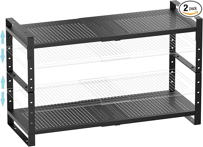Expandable Shoe Rack Stackable Metal Pantry Storage Shelves Stand Adjustable Height Cabinet Shelf Organizer Racks Spice Shelving(2PACKS/BLACK,LARGE)