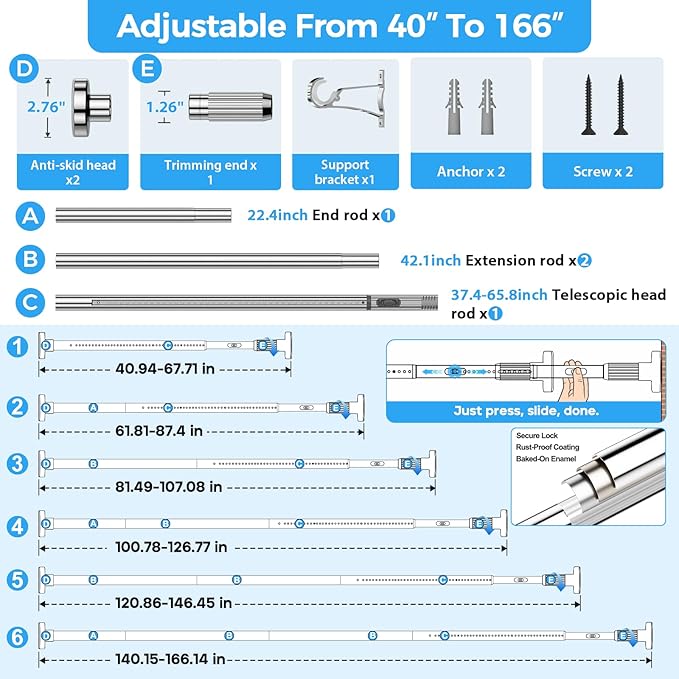 AIZESI 41-165 Inch Heavy Duty Silver Tension Curtain Rod - No Drilling, Adjustable, Rust-Proof for Outdoor, Living Room, Bathroom