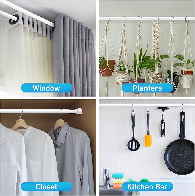 Tension Curtain Rod for Windows 27 to 50 Inch，Spring Tension Rods White Curtain Rods No Drilling Adjustable Spring Rod Extendable Tension Rod for Kitchen, Bathroom, Window, Bookshelf.