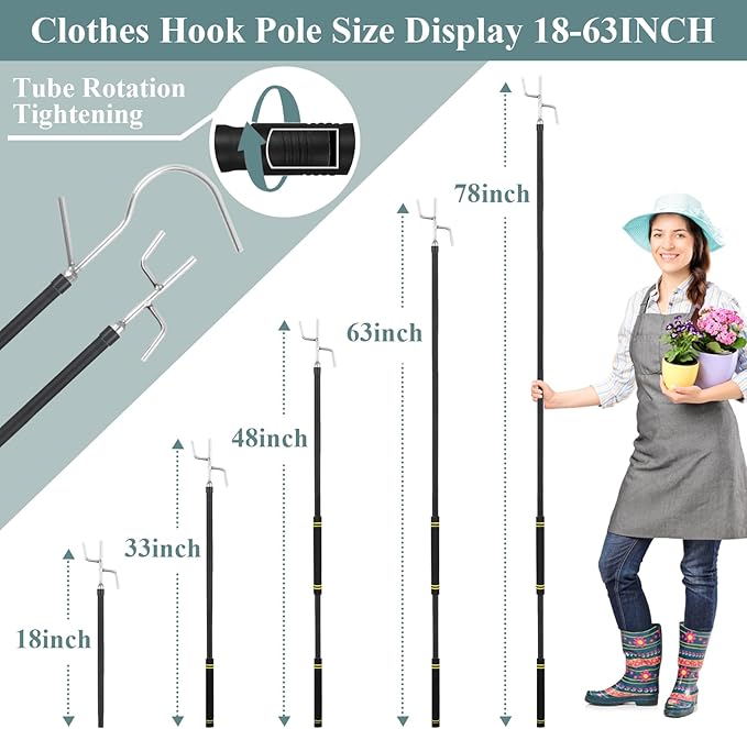 Clothes Hook Pole Heavy Duty,32 to 80In Retail Clothing Hook Pole Long Handle with 2 Hooks Hanging Birdfeeder Frosted Tube Extension Pole to Reach High Hangers for Turck (Black Tube)