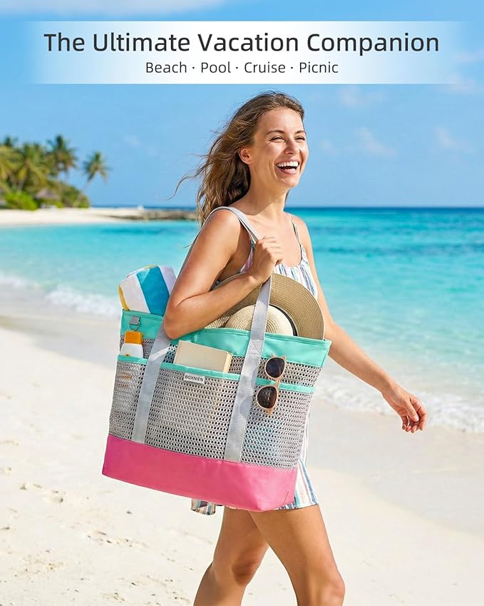 Large Mesh Beach Bag for Women - 28L Oversized Foldable Tote with Waterproof Sandproof Bottom plus Zipper and 7 Pockets Lightweight Packable Pool Bag for Swim Cruise Travel and Vacation