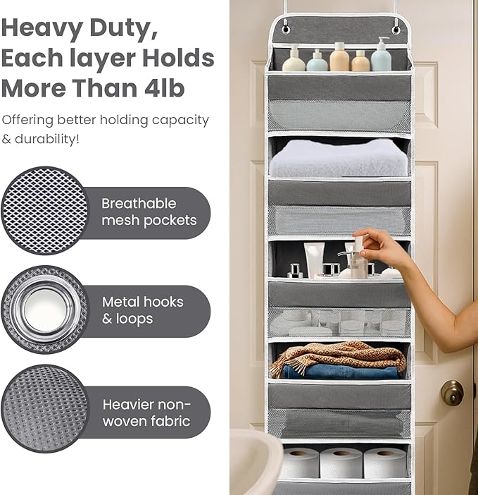 Easy Assembly Over The Door Organizer, 5 Shelves& 8 Side Pockets, Heavy-Duty Reinforced Mesh Rack Holds 44lb, Hanging Behind Door Storage for Bathroom Pantry, Nursery, Closet, Shoes, Towels- Dark Grey