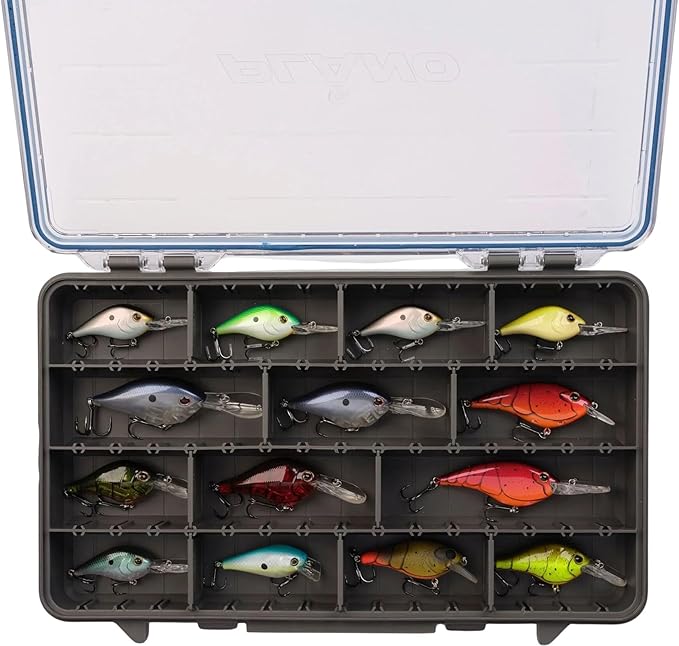 Plano StowAway 3700 Waterproof Stow Tackle Box, 4-Pack, IPX7 Waterproof Rating, with Rustricor, Single Latch Design, Transparent DuraView Lid, Stackable Storage for Fishing Bait, Lures and Gear