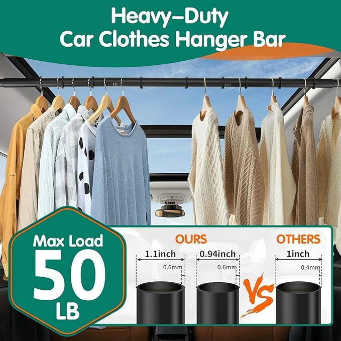 Car Clothes Hanger Bar – Adjustable Telescopic Car Clothes Rack, 30–62 Inches, for Wrinkle-Free Clothes Hanging in Vehicles, Heavy-Duty Non-Slip Car Hanging Rod for Sedans, SUVs, Trucks, Travel