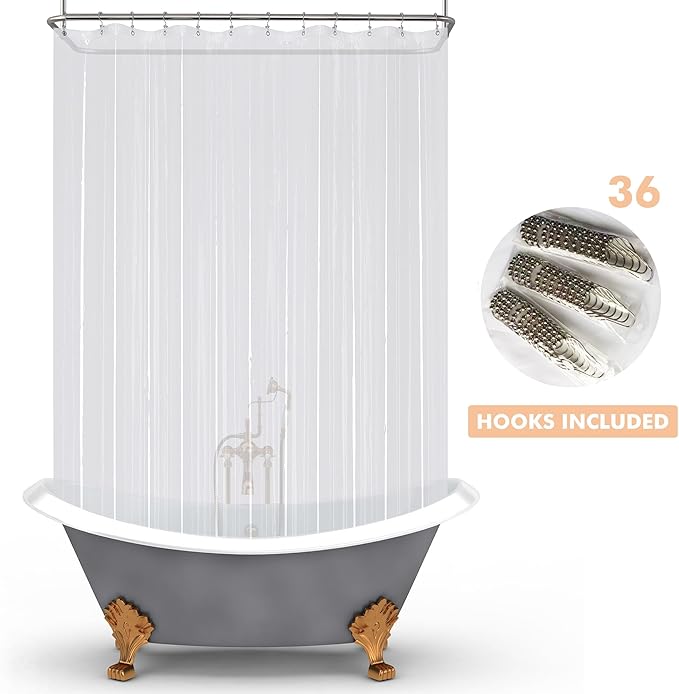 Mrs Awesome Clawfoot Tub Shower Curtain or Liner with 12 Magnets - Free 36 Hooks Included, Waterproof PEVA, 180" x 60", Clear