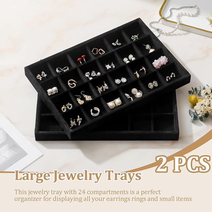 Large Velvet Jewelry Tray 2 Pack Stackable Jewelry Display Drawer Inserts Trays Organizer for Earring Bracelet Necklace Ring (Black, 24 Grids)