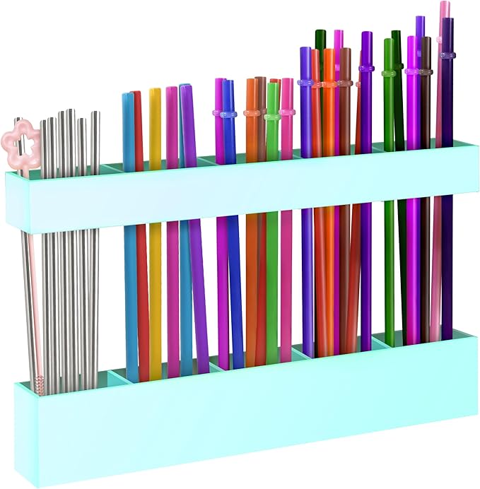 9.6” Large Acrylic Straw Holder for Cabinet Door, Reusable Adjustable Two-Part Straws Organizer with Ultra Sticky Adhesive Strips, 2026 Straw Storage for Kitchen Cupboard(Mint Blue)