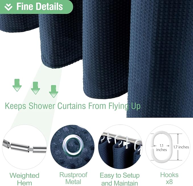 Dynamene Stall Fabric Shower Curtain - 48 inch Wide Waffle Weave Weighted Thick Cloth Shower Curtain for Bathroom, Neutral Heavy Duty Hotel Spa Luxury Bath Curtain Set with 8 Hook, 48x72, Navy Blue