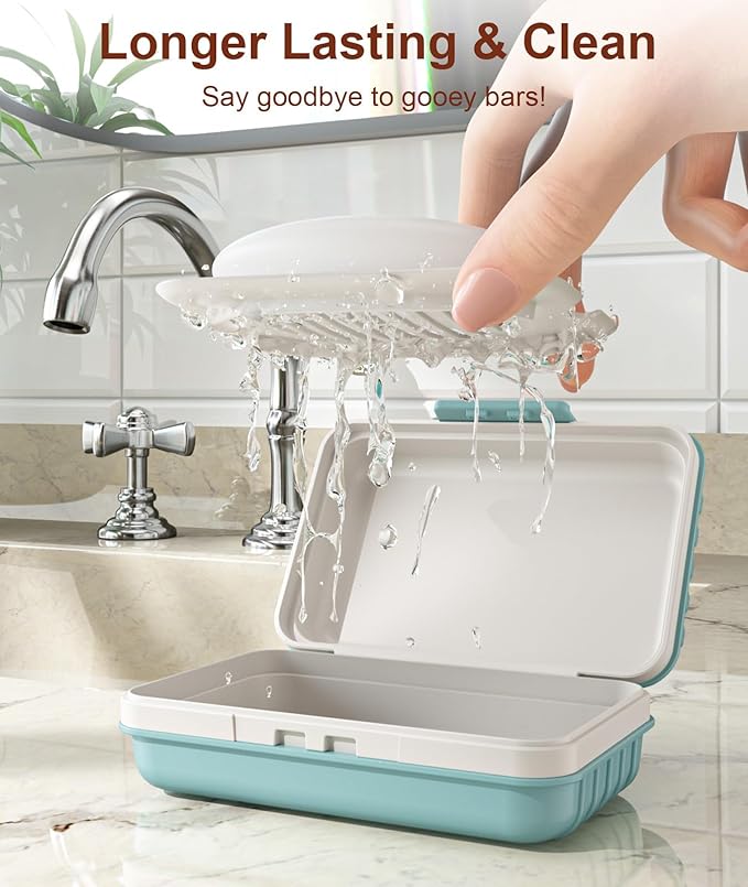 Quatish Leakproof Bar Soap Holder Dish with Lid for Shower, Portable Travel Soap Case Box for Gym, Camping, Hiking, Outdoor Use, Travel Size Toiletries Essentials, Keeps Soap Dry, Blue
