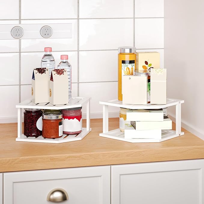 Bamboo Corner Shelf(2 Pack),2 Tier Plate Organizer for Cabinet and Countertop,Pantry Dish and Spice Rack for Kitchen(White)