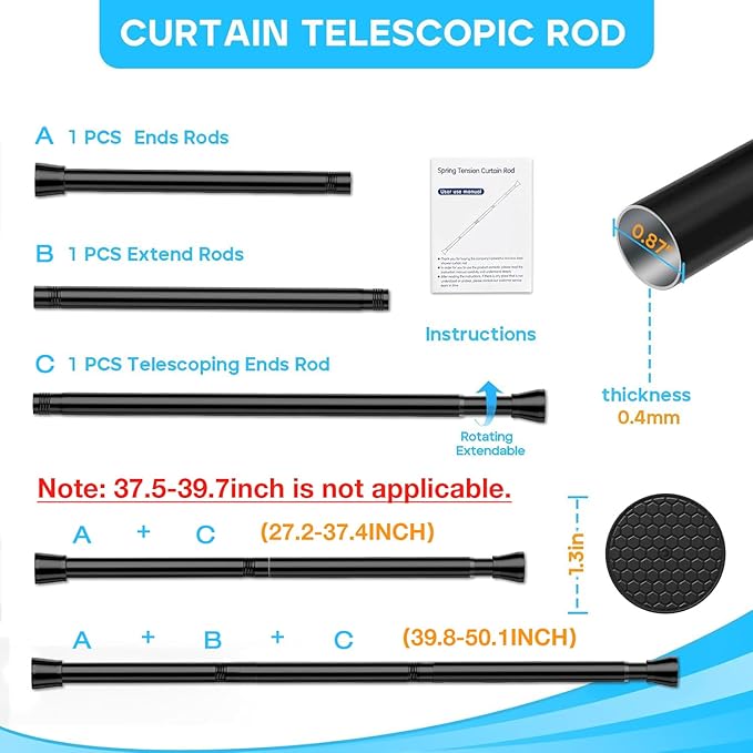 4Pack Black Tension Curtain Rod for Windows 28 to 48 Inch,7/8"Small Shower Curtain Rod for Bathroom,Pressure Spring Tension Curtain Rod No Drilling for Closet Doorway Kitchen