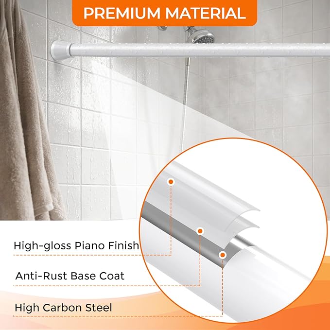 Spring Tension Curtain Rod 45 to 76 Inch 7/8" Diameter No Drilling Adjustable White Curtain Rods for Window Doorway Closet Door Kitchen Bathroom