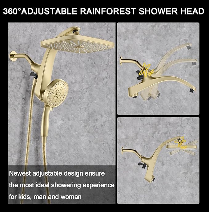BOZYBO Rain Shower Head with Handheld: High Pressure Shower Heads with Handheld Spray Combo, 12" Rainfall Shower Head and 9 Sprays Hand Showerheads with Magnetic Docking and Power Jets, Gold 2.5GPM
