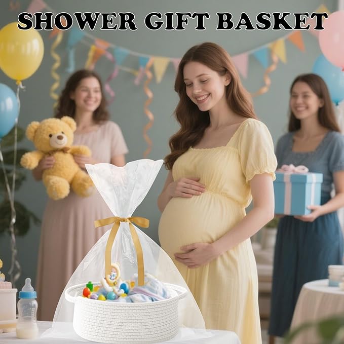 2 Pack Small Woven Rope Basket-Empty Gifts Basket with Bag and Ribbons,Cute Handle Organizer Box for Birthday/Baby Shower, Toy Storage, Nursery Organizing & Shelf Decor(White)