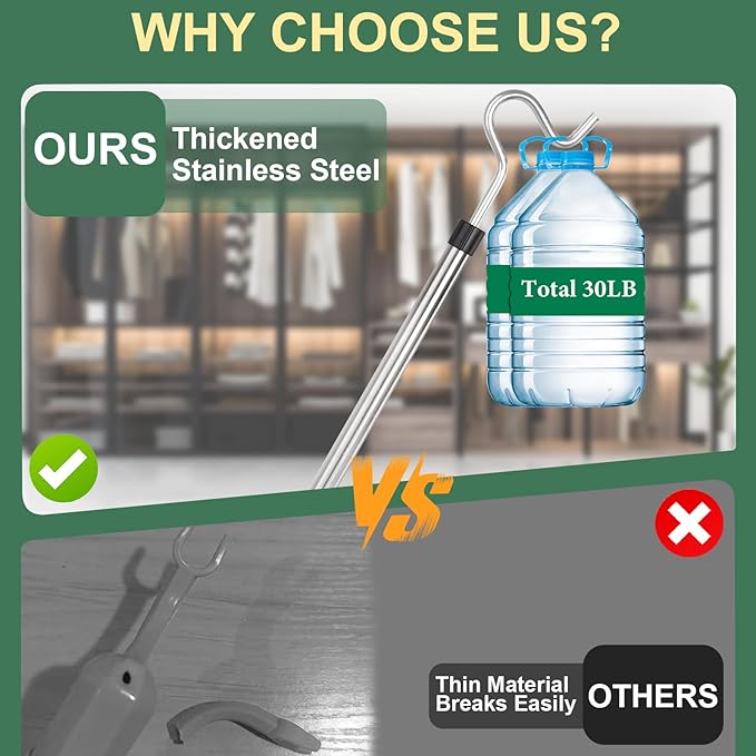 Clothing Hook Pole,51 Inch Closet Pole Reach with Hook Stainless Steel Sponge Handle Length Clothes Hook Pole Get Clothes From High Places Be Used Shutters Ceiling