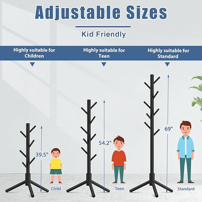 Haddockway Wooden Coat Rack Stand with 8 Hooks New Zealand Pine 3 Adjustable Coat Standing Tree Easy Assembly for Coats, Hats, Scarves and Handbags for Entryway, Hallway, Bedroom, Office