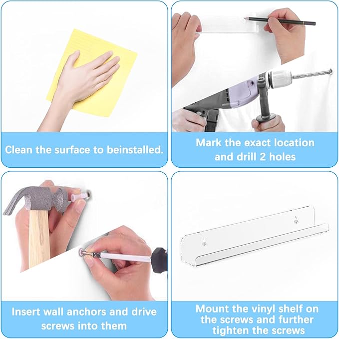 12 Pack Vinyl Record Shelf Wall Mount, 12 inch Record Holder for Storage & Display, Clear Floating Shelf for Kids Bookshelf, Magazine Rack, Picture Ledge