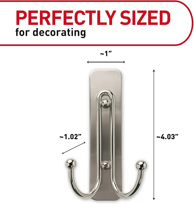 Command Large Brushed Nickel Double Hooks, 2 Hooks and 2 Strips, Damage Free Hanging Wall Hooks with Adhesive Strips, No Tools Coat Hooks for Hanging Home Decor, Holds up to 4 lb