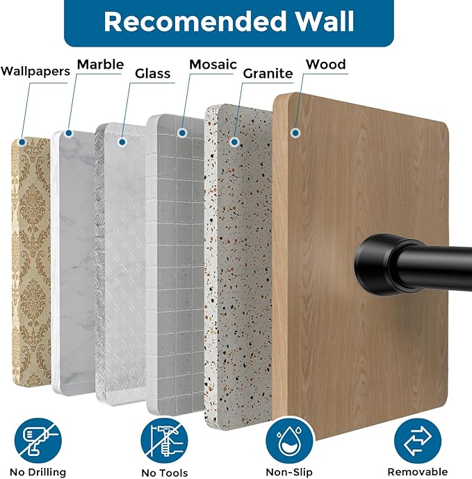 AIZESI Tension Curtain Rod for Windows 28 to 48 Inch No Drilling Adjustable Expandable Spring Loaded Curtain Rod, 7/8" Diameter Never Rust, Small Shower Rod for Bathroom, Doorway, Closet, Black