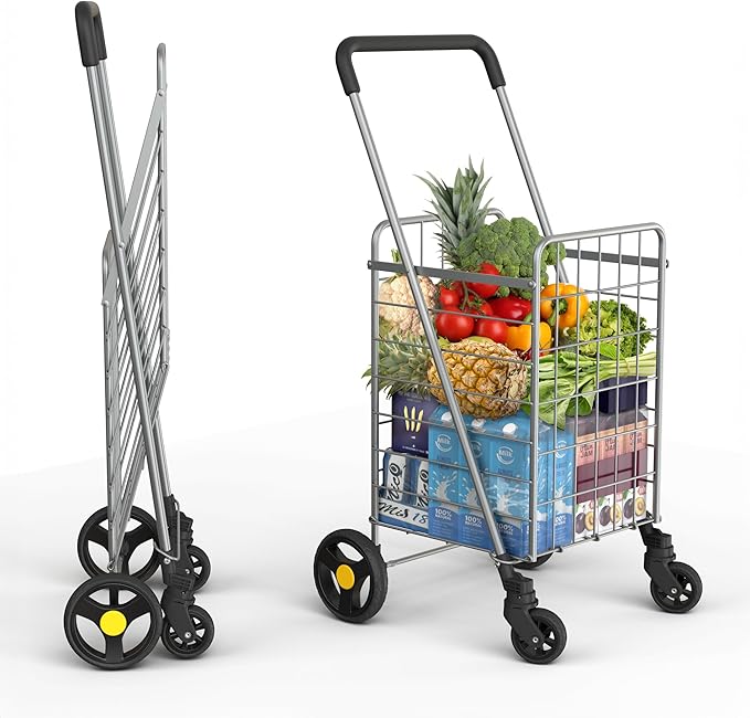 Our Modern Space Shopping Cart & 360° Swivel Wheels | Foldable Collapsible & Lightweight | Perfect for Groceries Laundry Utility Cart - Silver