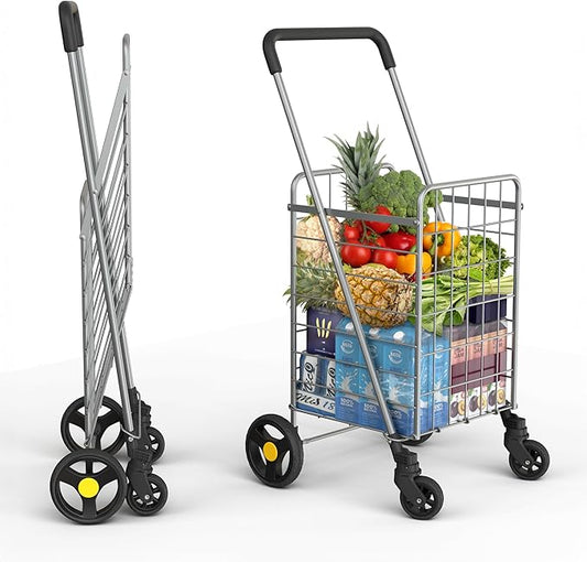 Our Modern Space Shopping Cart & 360° Swivel Wheels | Foldable Collapsible & Lightweight | Perfect for Groceries Laundry Utility Cart - Silver