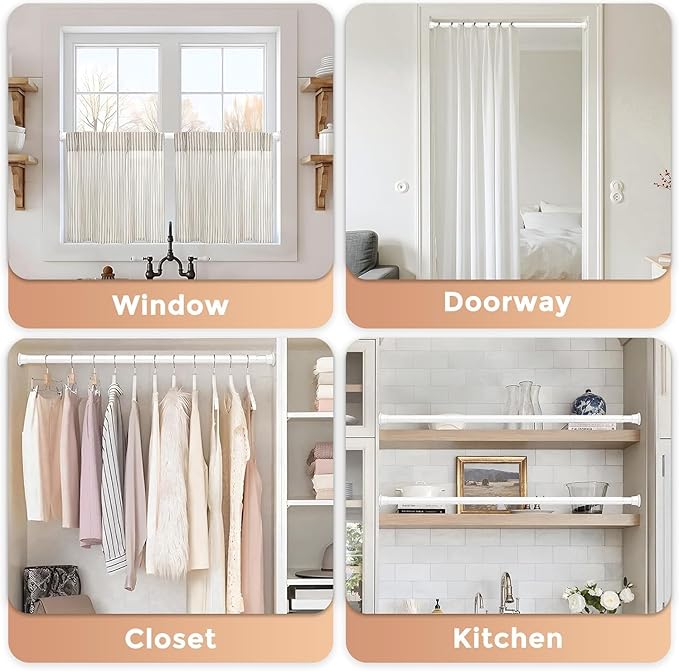 White Spring Tension Curtain Rods 18-36 Inch Adjustable Expandable Spring Loaded Curtain Rods No Drilling Suitable for Small Short Tension Rods 23-34 Inch Doors, Windows, Closet
